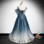 Fashion Navy Blue See-through Evening Dresses  2020 A-Line / Princess Scoop Neck Sleeveless Appliques Flower Beading Glitter Tulle Sweep Train Ruffle Backless