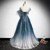 Fashion Navy Blue See-through Evening Dresses  2020 A-Line / Princess Scoop Neck Sleeveless Appliques Flower Beading Glitter Tulle Sweep Train Ruffle Backless
