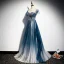 Fashion Navy Blue See-through Evening Dresses  2020 A-Line / Princess Scoop Neck Sleeveless Appliques Flower Beading Glitter Tulle Sweep Train Ruffle Backless