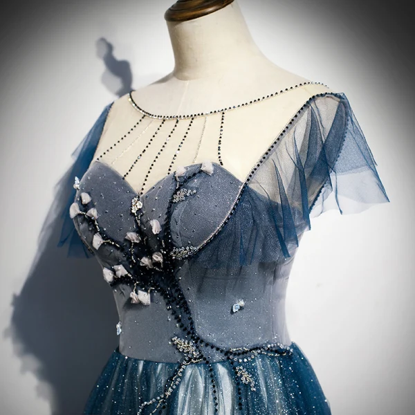 Fashion Navy Blue See-through Evening Dresses 2020 A-Line / Princess Scoop Neck Sleeveless Appliques Flower Beading Glitter Tulle Sweep Train Ruffle Backless