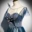 Fashion Navy Blue See-through Evening Dresses  2020 A-Line / Princess Scoop Neck Sleeveless Appliques Flower Beading Glitter Tulle Sweep Train Ruffle Backless