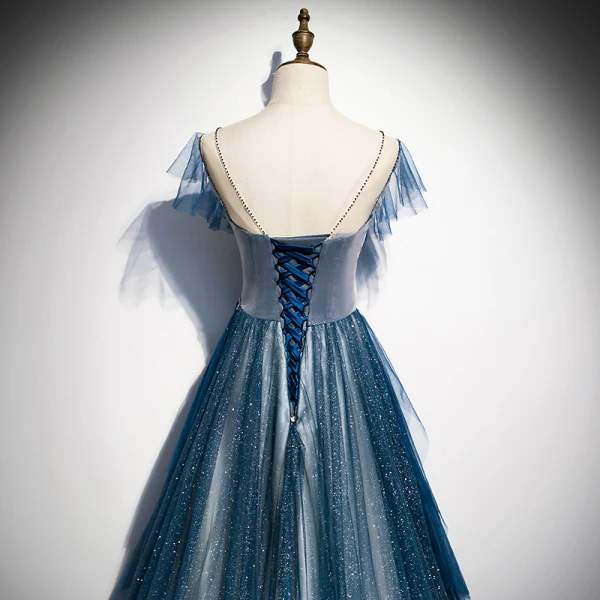 Fashion Navy Blue See-through Evening Dresses 2020 A-Line / Princess Scoop Neck Sleeveless Appliques Flower Beading Glitter Tulle Sweep Train Ruffle Backless