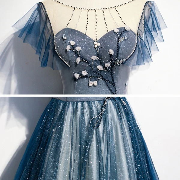 Fashion Navy Blue See-through Evening Dresses 2020 A-Line / Princess Scoop Neck Sleeveless Appliques Flower Beading Glitter Tulle Sweep Train Ruffle Backless