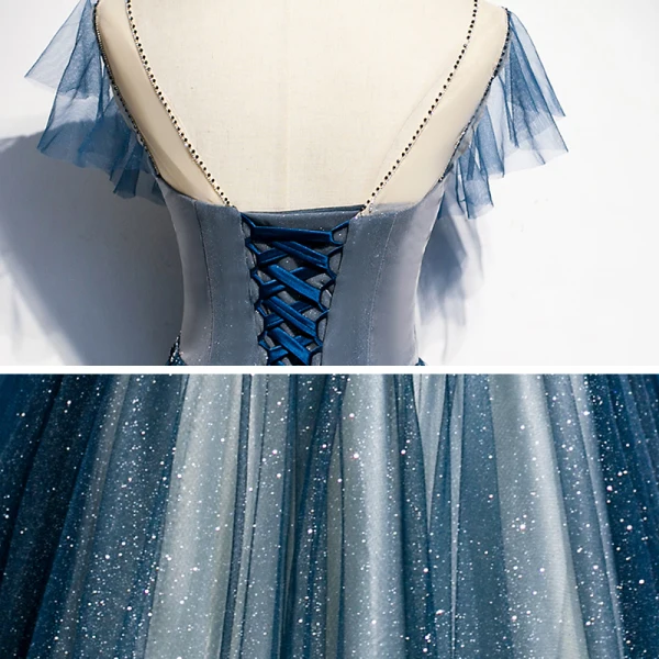 Fashion Navy Blue See-through Evening Dresses 2020 A-Line / Princess Scoop Neck Sleeveless Appliques Flower Beading Glitter Tulle Sweep Train Ruffle Backless