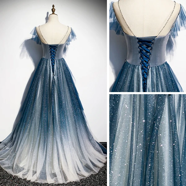 Fashion Navy Blue See-through Evening Dresses 2020 A-Line / Princess Scoop Neck Sleeveless Appliques Flower Beading Glitter Tulle Sweep Train Ruffle Backless