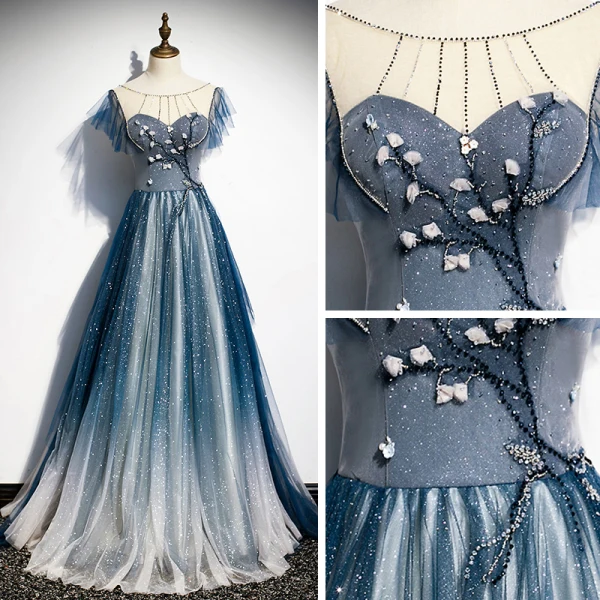 Fashion Navy Blue See-through Evening Dresses 2020 A-Line / Princess Scoop Neck Sleeveless Appliques Flower Beading Glitter Tulle Sweep Train Ruffle Backless
