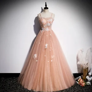Élégant Orange Dansant Robe De Bal 2020 Princesse Bretelles Spaghetti Sans Manches Appliques Fleur Perlage Tachetée Tulle Longue Volants Dos Nu