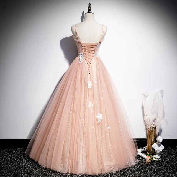 Elegant Orange Dancing Prom Dresses 2020 A-Line / Princess Spaghetti Straps Sleeveless Appliques Flower Beading Spotted Tulle Floor-Length / Long Ruffle Backless