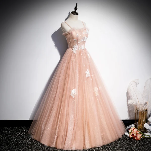 Elegant Orange Dancing Prom Dresses 2020 A-Line / Princess Spaghetti Straps Sleeveless Appliques Flower Beading Spotted Tulle Floor-Length / Long Ruffle Backless
