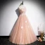 Elegant Orange Dancing Prom Dresses 2020 A-Line / Princess Spaghetti Straps Sleeveless Appliques Flower Beading Spotted Tulle Floor-Length / Long Ruffle Backless
