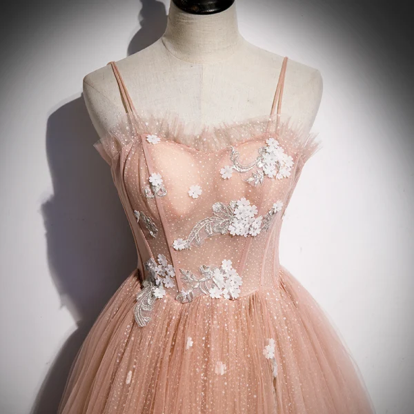 Elegant Orange Dancing Prom Dresses 2020 A-Line / Princess Spaghetti Straps Sleeveless Appliques Flower Beading Spotted Tulle Floor-Length / Long Ruffle Backless