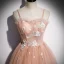 Elegant Orange Dancing Prom Dresses 2020 A-Line / Princess Spaghetti Straps Sleeveless Appliques Flower Beading Spotted Tulle Floor-Length / Long Ruffle Backless
