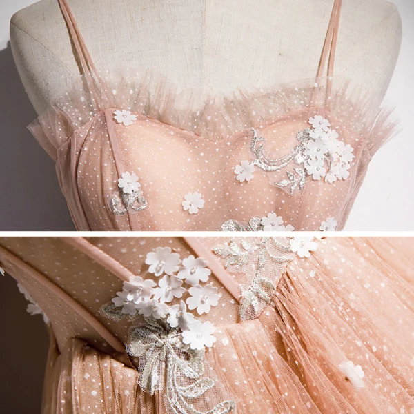 Elegant Orange Dancing Prom Dresses 2020 A-Line / Princess Spaghetti Straps Sleeveless Appliques Flower Beading Spotted Tulle Floor-Length / Long Ruffle Backless