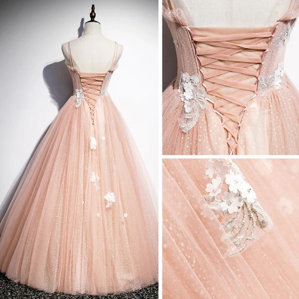 Elegant Orange Dancing Prom Dresses 2020 A-Line / Princess Spaghetti Straps Sleeveless Appliques Flower Beading Spotted Tulle Floor-Length / Long Ruffle Backless