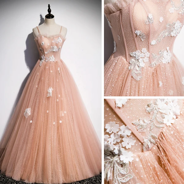 Elegant Orange Dancing Prom Dresses 2020 A-Line / Princess Spaghetti Straps Sleeveless Appliques Flower Beading Spotted Tulle Floor-Length / Long Ruffle Backless