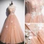Elegant Orange Dancing Prom Dresses 2020 A-Line / Princess Spaghetti Straps Sleeveless Appliques Flower Beading Spotted Tulle Floor-Length / Long Ruffle Backless
