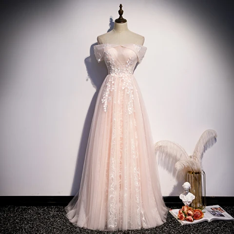 Romantic Pearl Pink Evening Dresses  2020 A-Line / Princess Off-The-Shoulder Short Sleeve Appliques Lace Beading Floor-Length / Long Ruffle Backless Formal Dresses