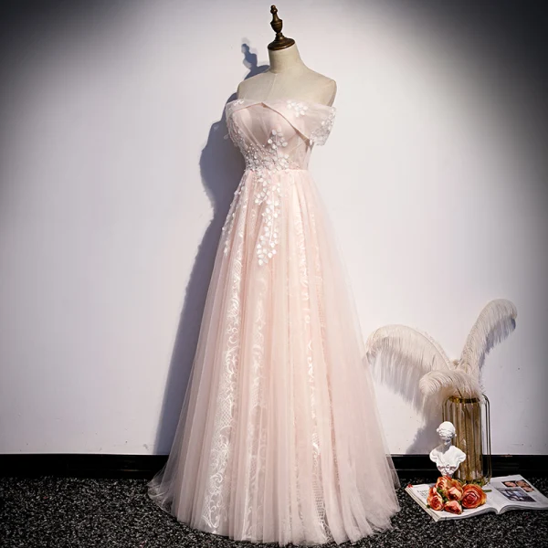 Romantisch Pearl Rosa Abendkleider 2020 A Linie Off Shoulder Kurze Ärmel Applikationen Spitze Perlenstickerei Lange Rüschen Rückenfreies Festliche Kleider