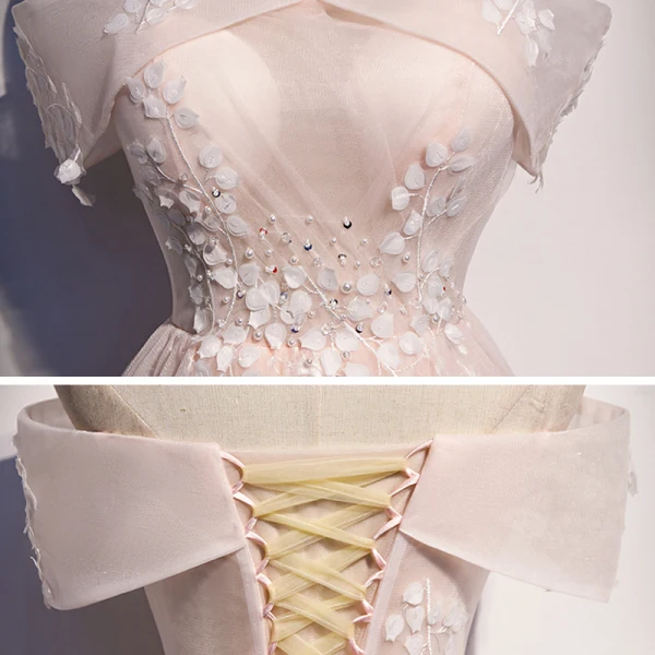Romantisch Pearl Rosa Abendkleider 2020 A Linie Off Shoulder Kurze Ärmel Applikationen Spitze Perlenstickerei Lange Rüschen Rückenfreies Festliche Kleider