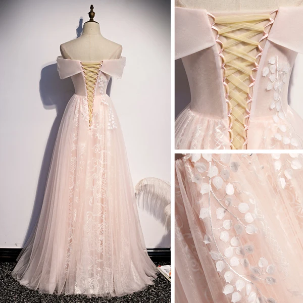 Romantisch Pearl Rosa Abendkleider 2020 A Linie Off Shoulder Kurze Ärmel Applikationen Spitze Perlenstickerei Lange Rüschen Rückenfreies Festliche Kleider