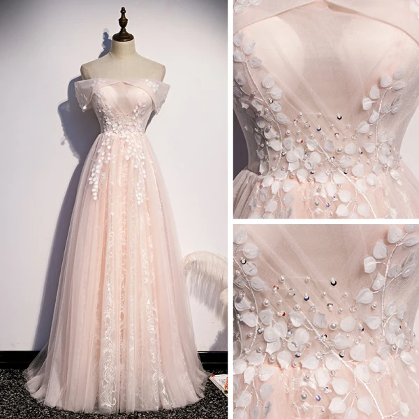 Romantisch Pearl Rosa Abendkleider 2020 A Linie Off Shoulder Kurze Ärmel Applikationen Spitze Perlenstickerei Lange Rüschen Rückenfreies Festliche Kleider