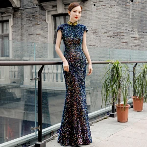 Scintillantes Multi Couleurs Paillettes Cheongsam 2020 Trompette Sirène Col Haut Appliques Brodé Sans Manches Longue Robe De Ceremonie