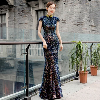 Sparkly Multi Colors Sequins Cheongsam Qipao 2020 Trumpet Mermaid High Neck Appliques Embroidered Sleeveless Floor Length Long Formal Dresses