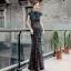 Sparkly Multi-Colors Sequins Cheongsam / Qipao 2020 Trumpet / Mermaid High Neck Appliques Embroidered Sleeveless Floor-Length / Long Formal Dresses