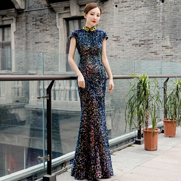 Błyszczące Multi-Kolory Cekiny Cheongsam 2020 Syrena / Rozkloszowane Wysokiej Szyi Aplikacje Haftowane Bez Rękawów Długie Sukienki Wizytowe