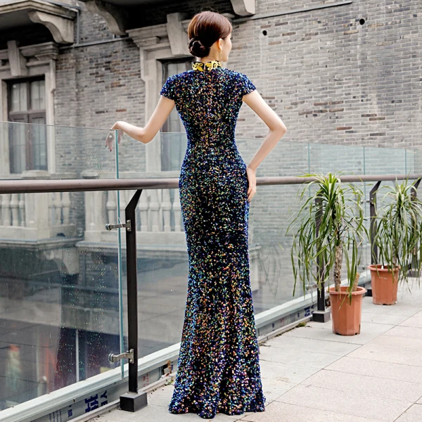 Sparkly Multi-Colors Sequins Cheongsam / Qipao 2020 Trumpet / Mermaid High Neck Appliques Embroidered Sleeveless Floor-Length / Long Formal Dresses