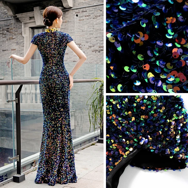 Sparkly Multi-Colors Sequins Cheongsam / Qipao 2020 Trumpet / Mermaid High Neck Appliques Embroidered Sleeveless Floor-Length / Long Formal Dresses