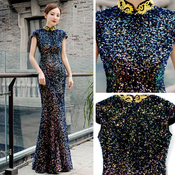 Sparkly Multi-Colors Sequins Cheongsam / Qipao 2020 Trumpet / Mermaid High Neck Appliques Embroidered Sleeveless Floor-Length / Long Formal Dresses
