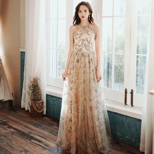 Chic Beautiful Champagne Gold Evening Dresses 2020 A Line Princess Scoop Neck Sleeveless Beading Appliques Sequins Floor Length Long Formal Dresses