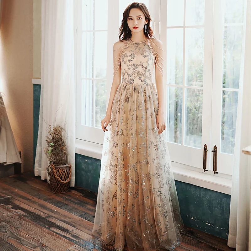 white christmas dresses V Neck Champagne Lace Tulle Long Prom Dresses, Champagne Lace Formal D –  Eip Collection main image 0