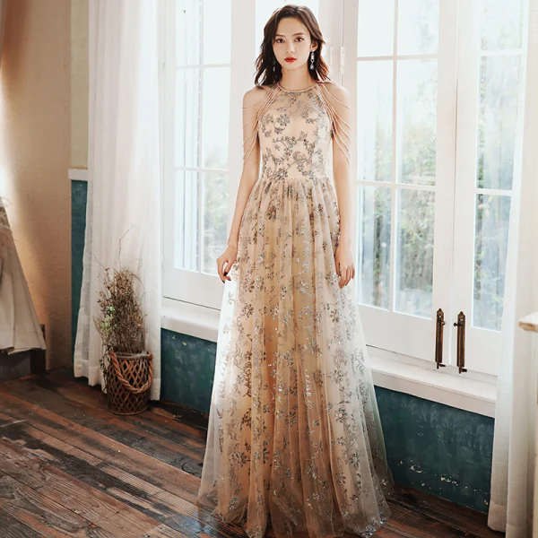champagne gold dresses Shiny Champagne Gold Sequins Sleeveless Long Prom Dresses, Shiny Long –  jbydress main image 1