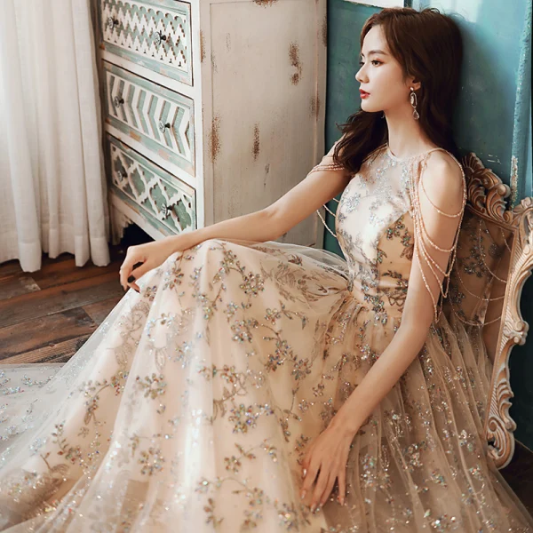 Chic / Beautiful Champagne Gold Evening Dresses  2020 A-Line / Princess Scoop Neck Sleeveless Beading Appliques Sequins Floor-Length / Long Formal Dresses