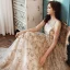 Chic / Beautiful Champagne Gold Evening Dresses  2020 A-Line / Princess Scoop Neck Sleeveless Beading Appliques Sequins Floor-Length / Long Formal Dresses