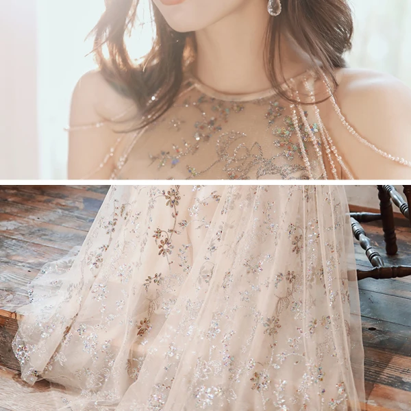 Chic / Beautiful Champagne Gold Evening Dresses  2020 A-Line / Princess Scoop Neck Sleeveless Beading Appliques Sequins Floor-Length / Long Formal Dresses