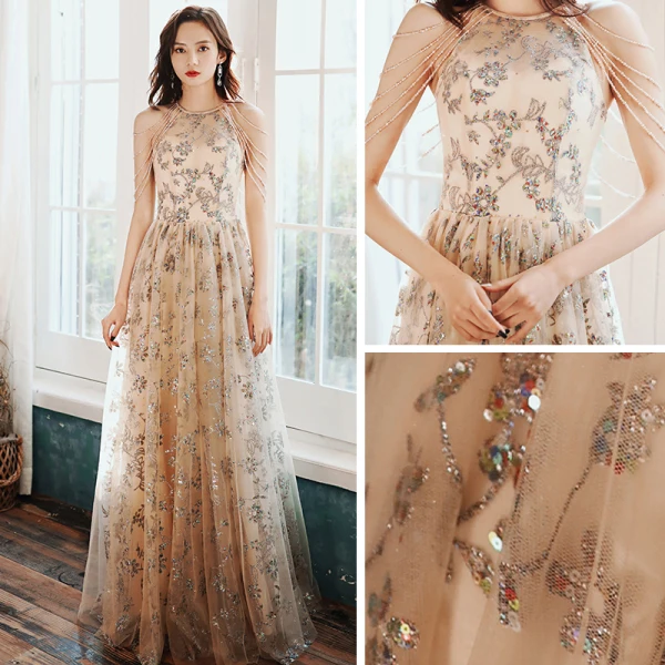Chic / Beautiful Champagne Gold Evening Dresses  2020 A-Line / Princess Scoop Neck Sleeveless Beading Appliques Sequins Floor-Length / Long Formal Dresses