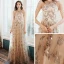 Chic / Beautiful Champagne Gold Evening Dresses  2020 A-Line / Princess Scoop Neck Sleeveless Beading Appliques Sequins Floor-Length / Long Formal Dresses