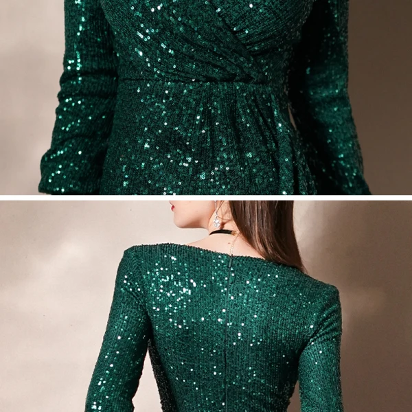 Scintillantes Vert Foncé Paillettes Robe De Soirée 2020 Trompette / Sirène Col v profond Gonflée Manches Longues Fendue devant Longue Robe De Ceremonie