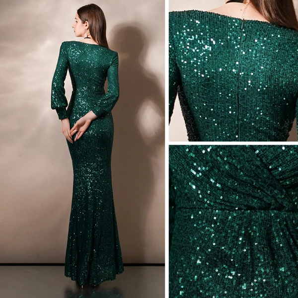 Scintillantes Vert Foncé Paillettes Robe De Soirée 2020 Trompette / Sirène Col v profond Gonflée Manches Longues Fendue devant Longue Robe De Ceremonie
