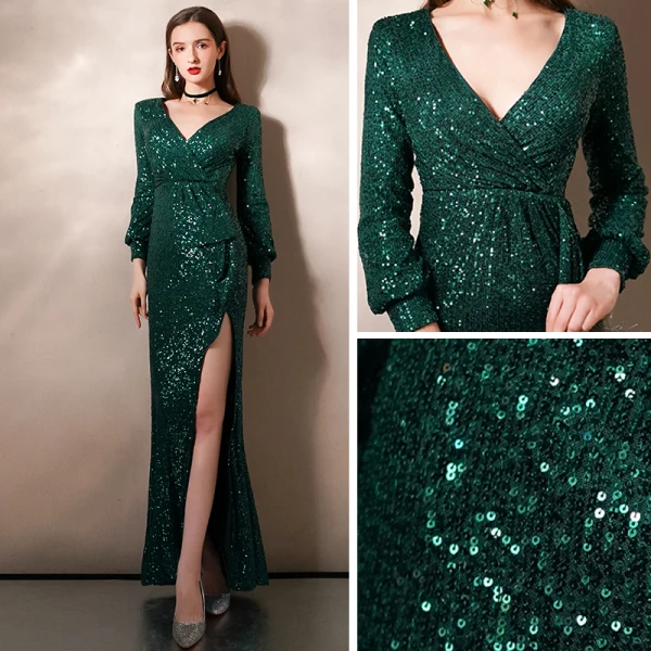 Scintillantes Vert Foncé Paillettes Robe De Soirée 2020 Trompette / Sirène Col v profond Gonflée Manches Longues Fendue devant Longue Robe De Ceremonie