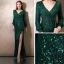 Scintillantes Vert Foncé Paillettes Robe De Soirée 2020 Trompette / Sirène Col v profond Gonflée Manches Longues Fendue devant Longue Robe De Ceremonie
