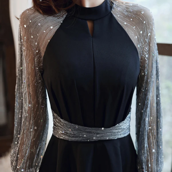 Victorian Style Black Homecoming Graduation Dresses 2020 A-Line / Princess High Neck Puffy Long Sleeve Star Sequins Sash Tea-length Ruffle Formal Dresses