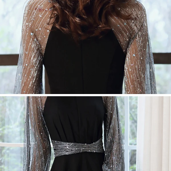 Victorian Style Black Homecoming Graduation Dresses 2020 A-Line / Princess High Neck Puffy Long Sleeve Star Sequins Sash Tea-length Ruffle Formal Dresses