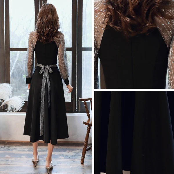 Victorian Style Black Homecoming Graduation Dresses 2020 A-Line / Princess High Neck Puffy Long Sleeve Star Sequins Sash Tea-length Ruffle Formal Dresses