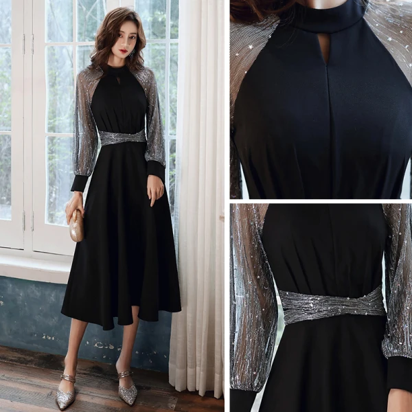 Victorian Style Black Homecoming Graduation Dresses 2020 A-Line / Princess High Neck Puffy Long Sleeve Star Sequins Sash Tea-length Ruffle Formal Dresses