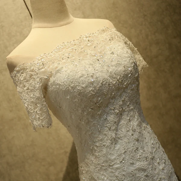 Chic / Beautiful Church Wedding Dresses 2017 White Trumpet / Mermaid Court Train Lace Appliques Backless Off-The-Shoulder Short Sleeve