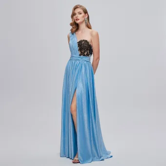 Charmant Bleu Ciel Perlage Robe De Bal Fendue Devant Robe De Soirée 2023 Princesse Une Épaule Sans Manches Dos Nu Longue Soirée Robe De Soirée